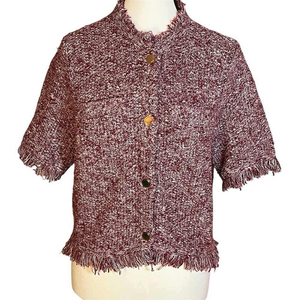 J. Crew Cropped Fringe-trim Lady Jacket Marled Yarn Red Size M Preppy Timeless